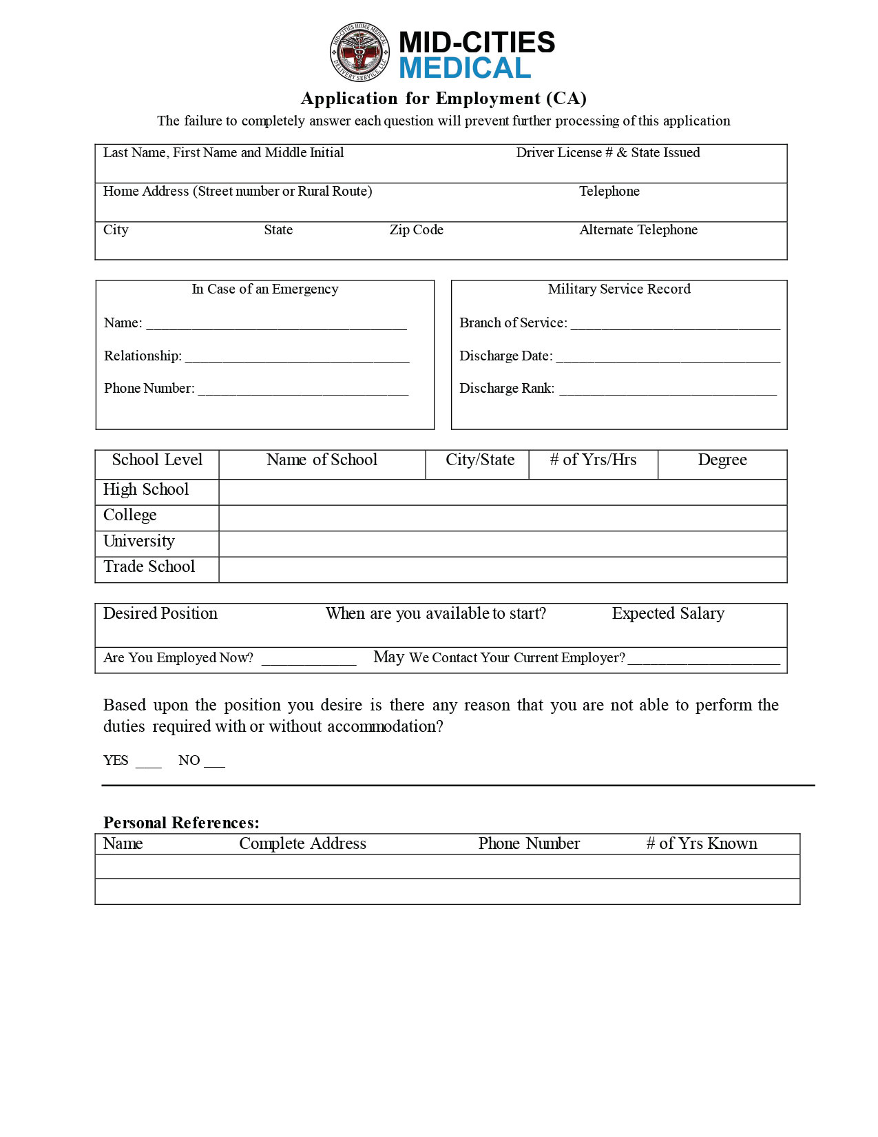 application for employment CA